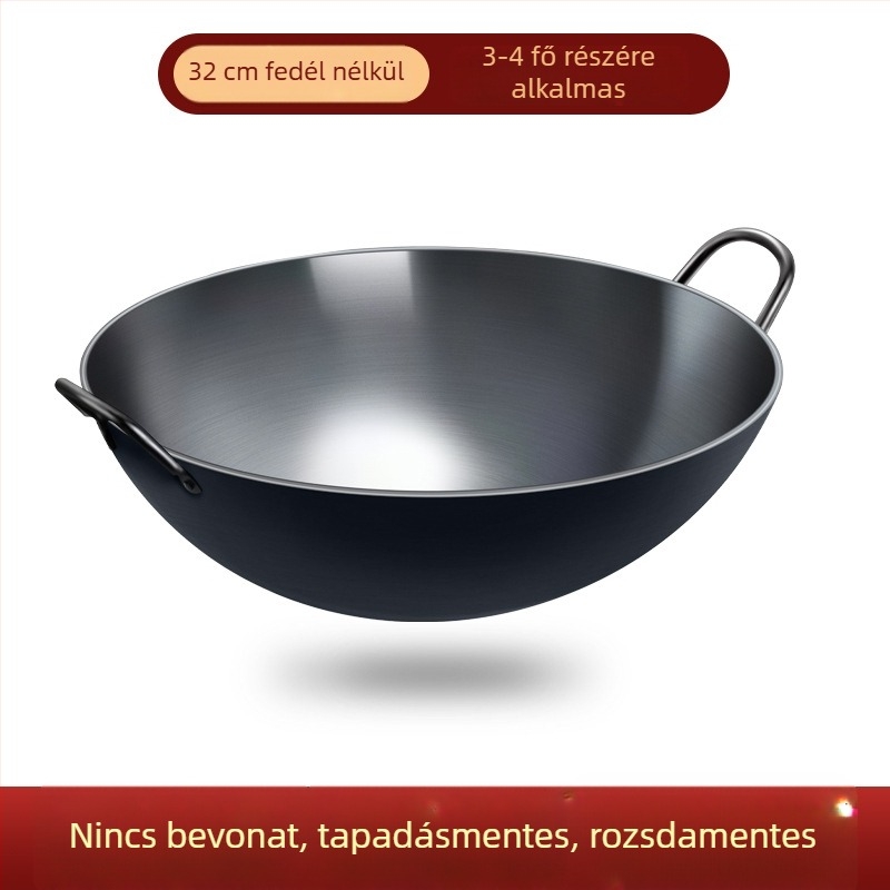 Zhangqiu kétfülű öntöttvas wok, vastag felépítésű, nagy, tapadásmentes, otthoni és kereskedelmi használatra