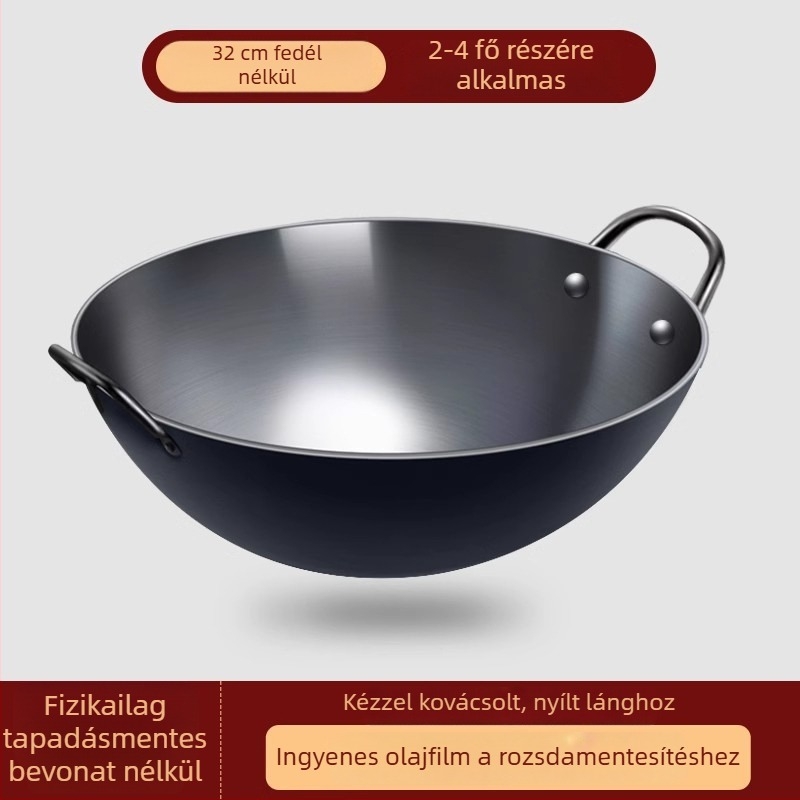 Zhangqiu kétfülű öntöttvas wok, vastag felépítésű, nagy, tapadásmentes, otthoni és kereskedelmi használatra
