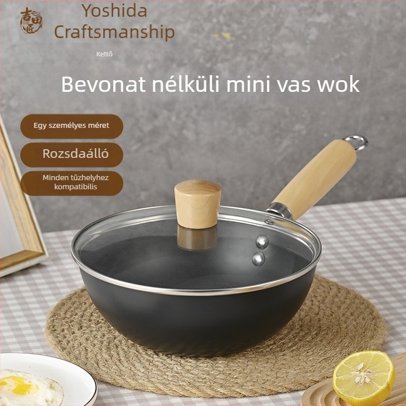 Mini öntöttvas wok egy személyre, bevonat nélküli, japán stílusú, üvegfedővel, indukciós és gáztűzhelyekkel kompatibilis