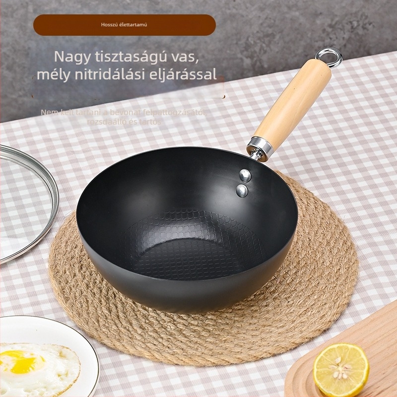 Mini öntöttvas wok egy személyre, bevonat nélküli, japán stílusú, üvegfedővel, indukciós és gáztűzhelyekkel kompatibilis