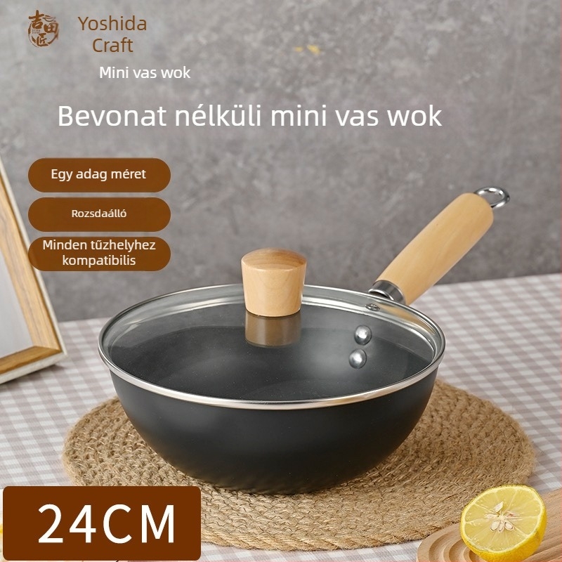 Mini öntöttvas wok egy személyre, bevonat nélküli, japán stílusú, üvegfedővel, indukciós és gáztűzhelyekkel kompatibilis
