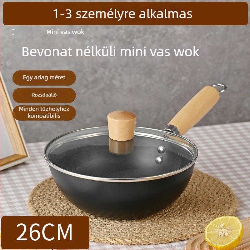 Mini öntöttvas wok egy személyre, bevonat nélküli, japán stílusú, üvegfedővel, indukciós és gáztűzhelyekkel kompatibilis