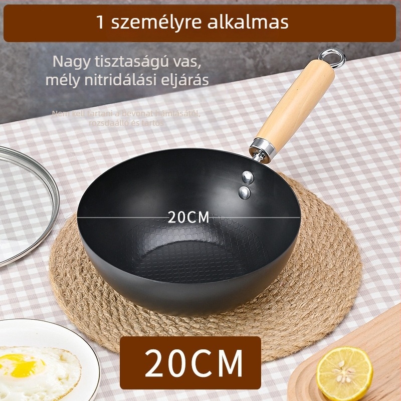 Mini öntöttvas wok egy személyre, bevonat nélküli, japán stílusú, üvegfedővel, indukciós és gáztűzhelyekkel kompatibilis