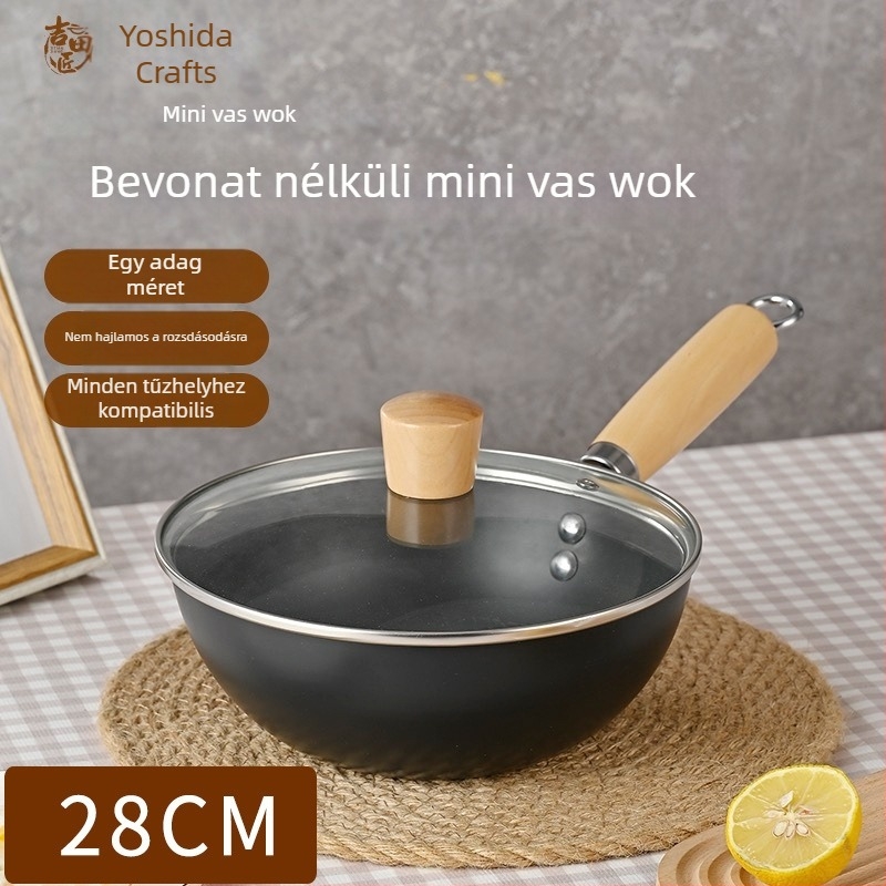 Mini öntöttvas wok egy személyre, bevonat nélküli, japán stílusú, üvegfedővel, indukciós és gáztűzhelyekkel kompatibilis