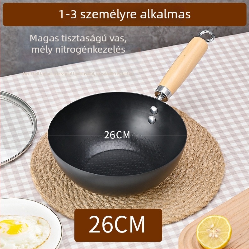 Mini öntöttvas wok egy személyre, bevonat nélküli, japán stílusú, üvegfedővel, indukciós és gáztűzhelyekkel kompatibilis