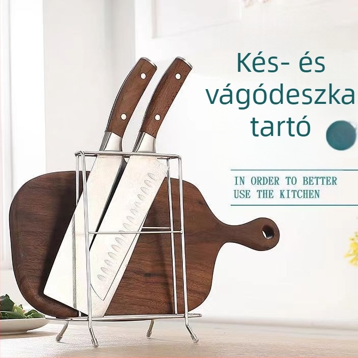 Rozsdamentes acélból készült konyhai tárolóállvány fedőknek, kés- és vágódeszka-tartóval lefolyóval.