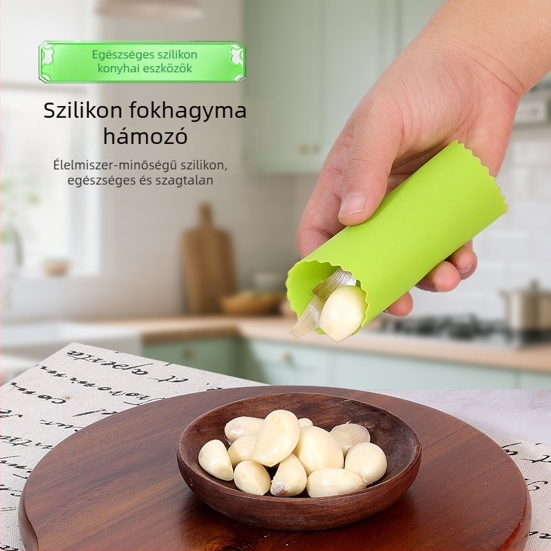 Szilikon fokhagyma pucoló és prés, kézi használatú, formájú pöttyös és lezárt aljzattal – konyhai eszköz