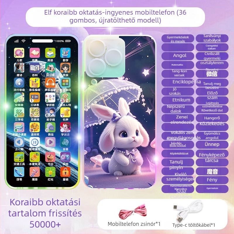 Gyermekeknek készült valósághű zenélő telefon - interaktív, többfunkciós oktató eszköz, újratölthető