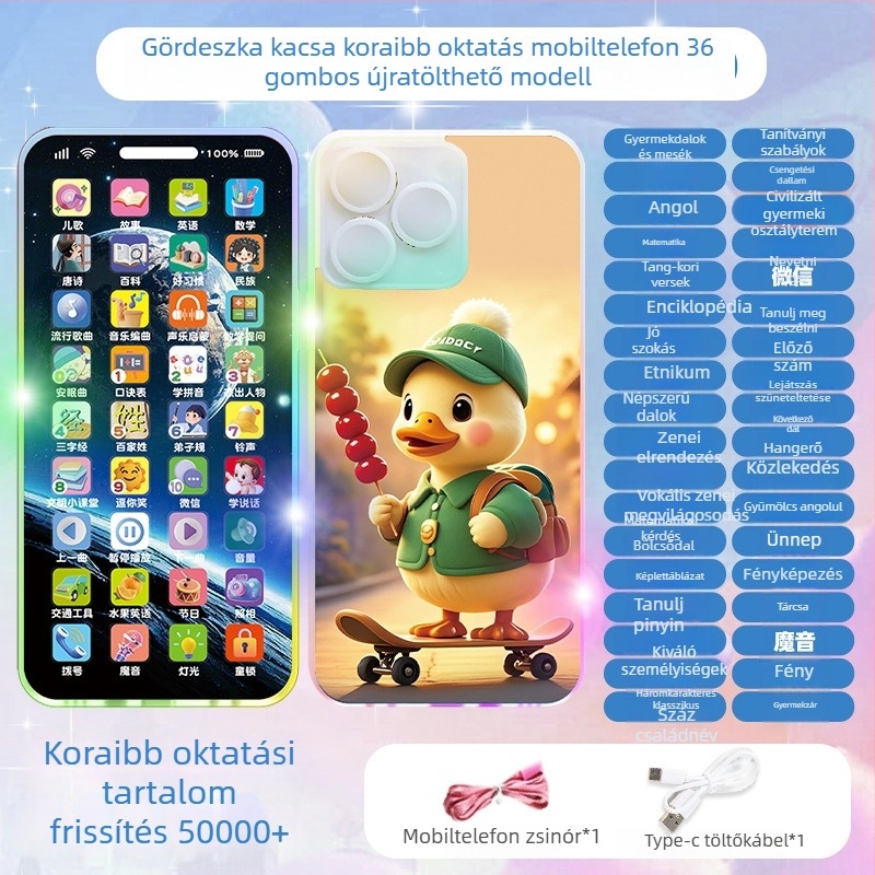 Gyermekeknek készült valósághű zenélő telefon - interaktív, többfunkciós oktató eszköz, újratölthető