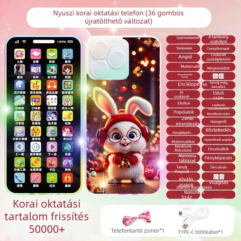 Gyermekeknek készült valósághű zenélő telefon - interaktív, többfunkciós oktató eszköz, újratölthető