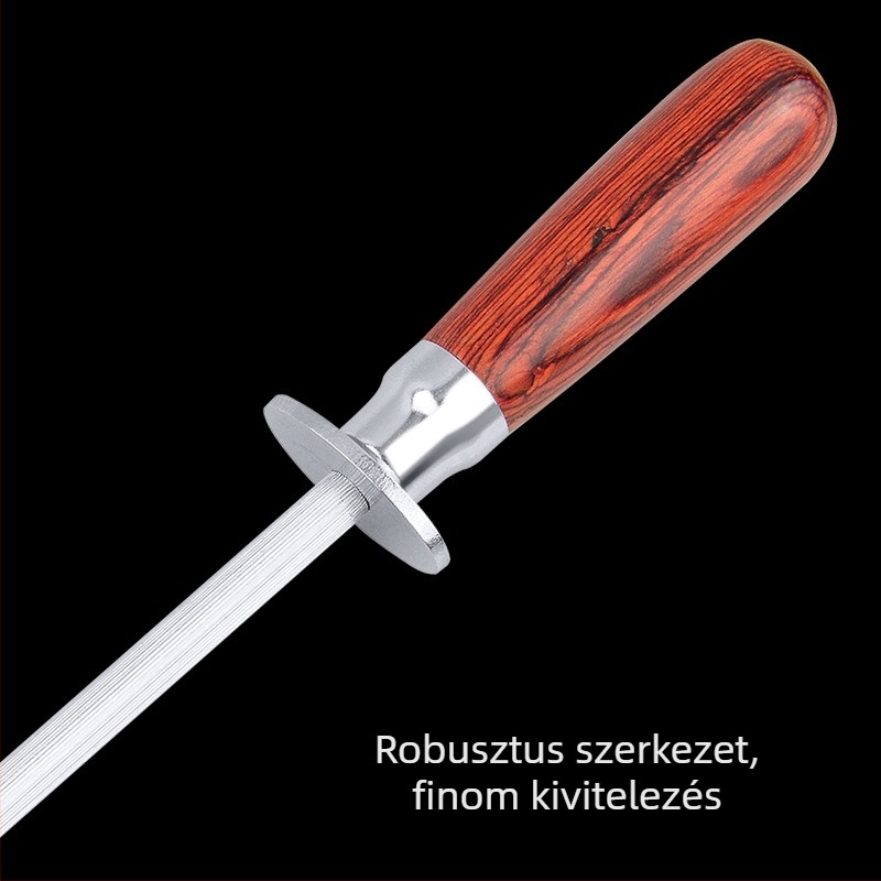Késeket élező pálca színes fa markolattal, konyhai eszköz