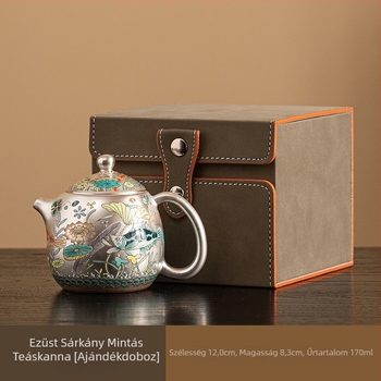 Kung Fu teáskészlet ezüstös bevonattal, mintázat: lótusz, hal és algák; ezüst teáskanna és ezüst bögrék, porcelán teáscsészék és porcelán tálca, prémium ajándéktok