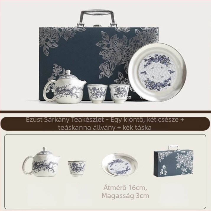 Kung Fu teáskészlet ezüstös bevonattal, mintázat: lótusz, hal és algák; ezüst teáskanna és ezüst bögrék, porcelán teáscsészék és porcelán tálca, prémium ajándéktok
