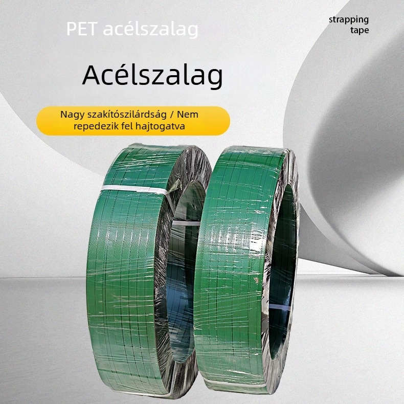 Zöld PET műanyag-vas kötőszalag 1608, húzóerő 450 kg, méretek 16×8 mm