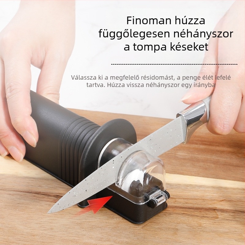 Konyhai késtartó élező rögzített szögű, kerámia élező rúddal és élező kővel