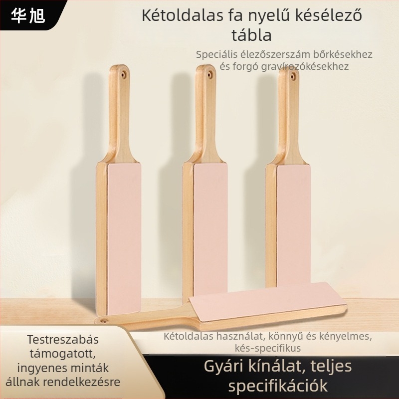Kétoldalas hegyező tábla fa fogantyúval, bőr polírozásához és késélezéshez