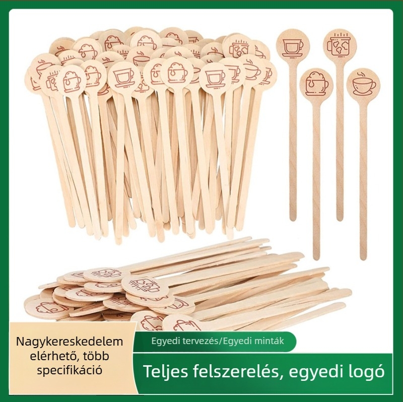 Fából készült, egyszer használatos kávékeverő pálcák kör fejjel, 150/160/180 mm hosszúak, logóval nyomtatva, egyesével csomagolva