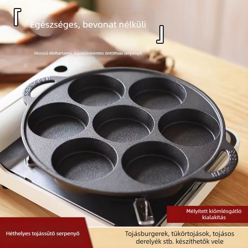 Hétlyukas öntöttvas tojásserpenyő mélyedésekkel, burgerpogácsa forma, tapadásmentes kereskedelmi használatra