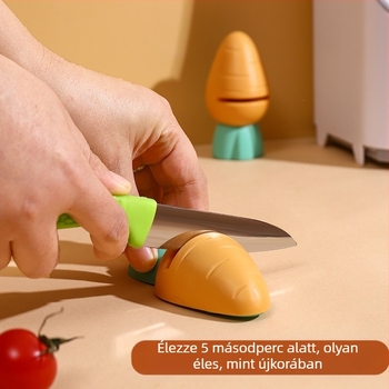 Konyhai kés és olló élező műanyagból, rajzfilmszerű dizájn, rögzített szög, gyors és könnyű otthoni használatra