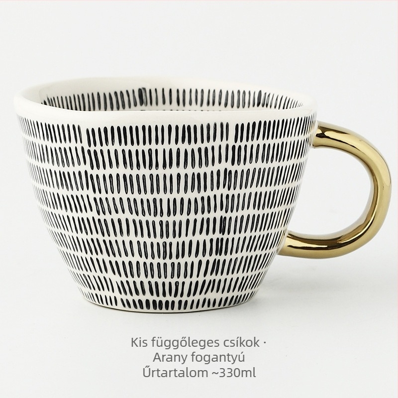 Japán stílusú geometrikus, kézzel formált, szabálytalan széles szájú porcelán bögre, kézzel festett aláglazúros színnel