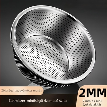 Rozsdamentes acélból készült leeresztő kosár zöldségek és gyümölcsök mosásához, konyhai szita, rizsöblítő tál és dagasztó tál
