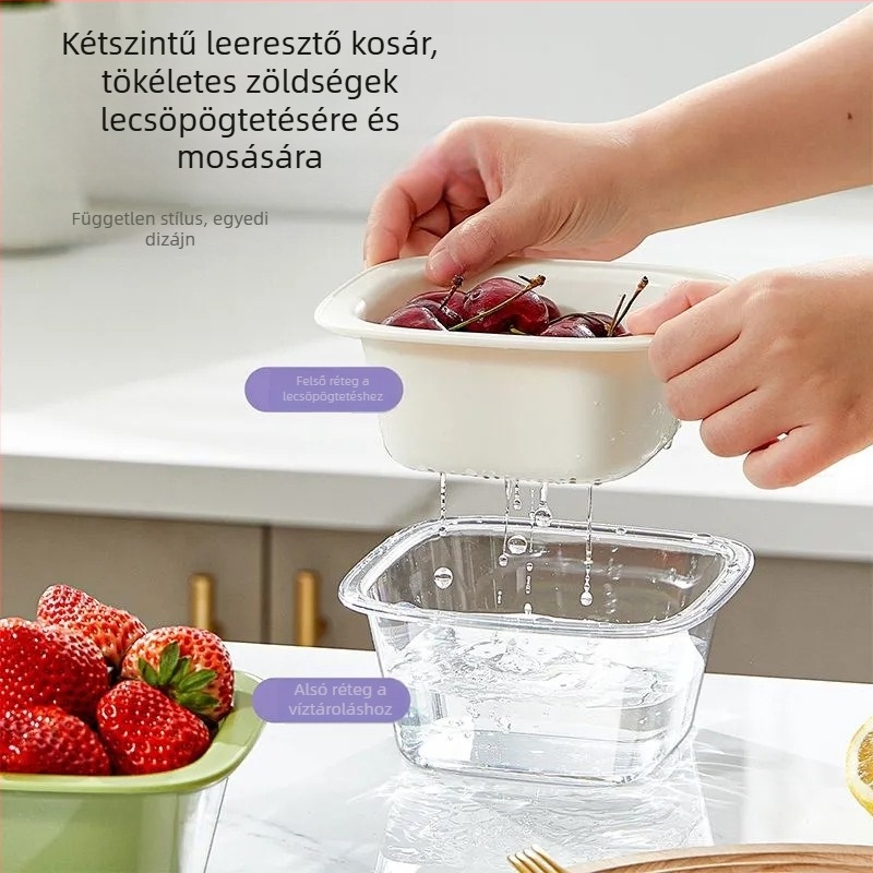 Kétszintes zöldségmosó mosóedény leeresztő kosárral – multifunkcionális konyhai tál gyümölcsök és zöldségek számára