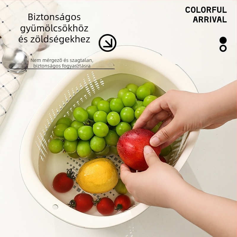 Konyhai kétszintes, vastagított öblítőkosár zöldségek és rizs mosásához, elegáns gyümölcstál