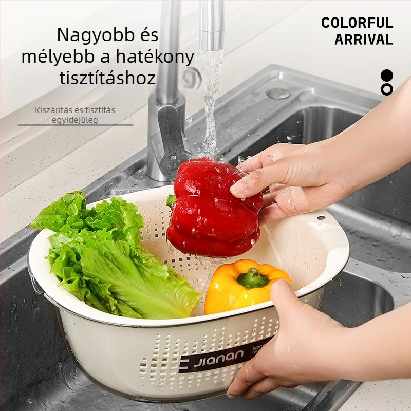 Konyhai kétszintes, vastagított öblítőkosár zöldségek és rizs mosásához, elegáns gyümölcstál