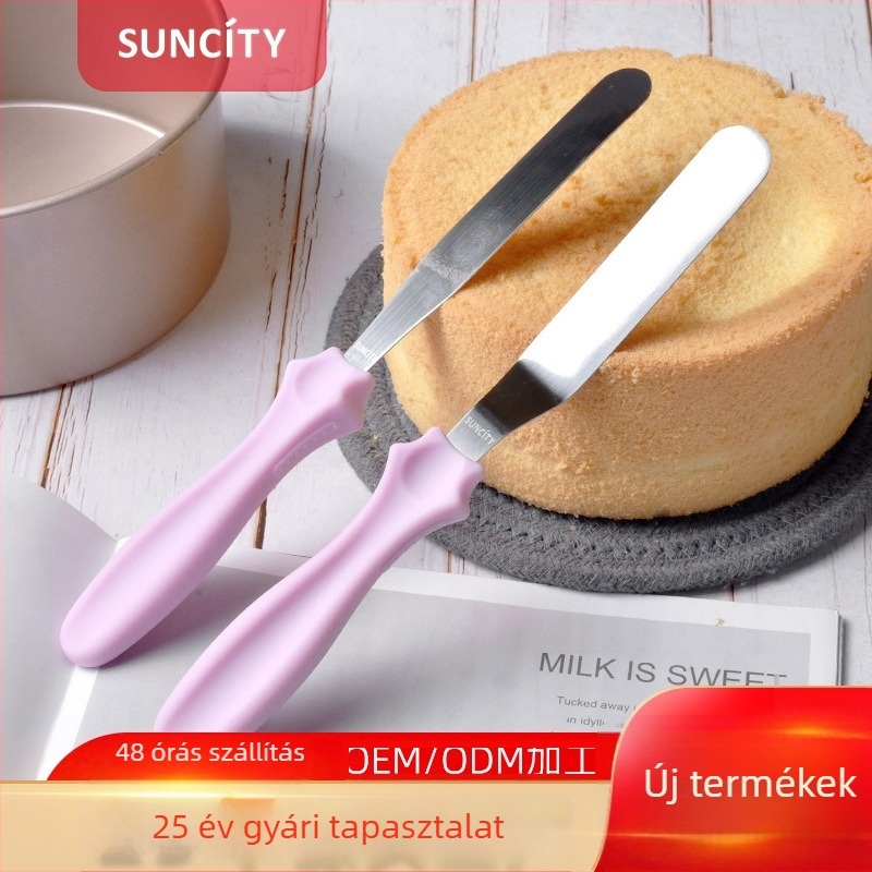Rozsdamentes acélból készült vastagított torta spatula egyenes és ívelt pengével, műanyag nyéllel