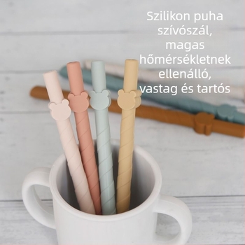 Medve alakú szilikon gyerekeknek készült szívócső, élelmiszer-minőségű, újrahasználható, tejhez, gyümölcsléhez, leveshez és zabkásához