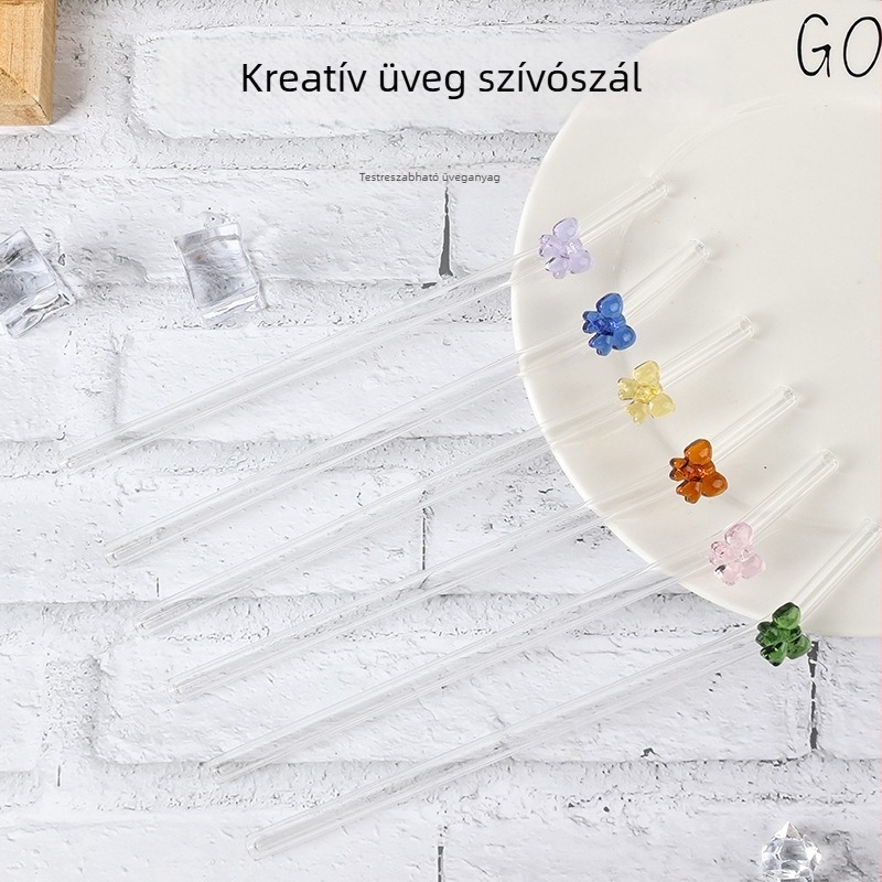 Íves, átlátszó tejes tea szívócső, hőálló boroszilikát üvegből, karikatúra dizájn