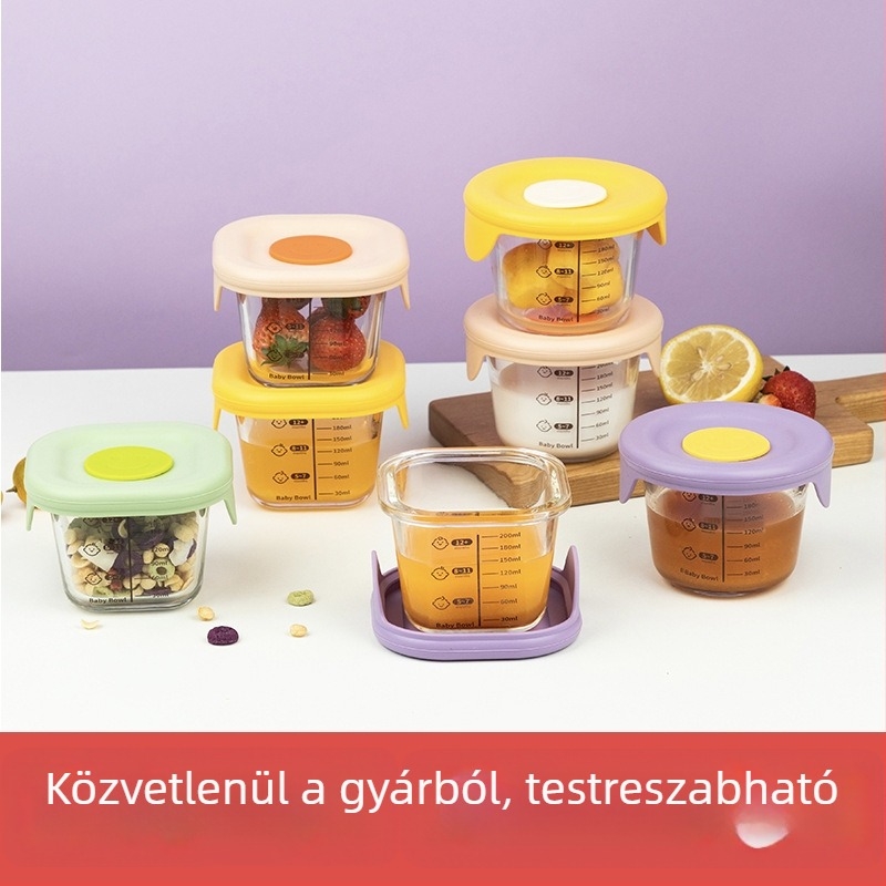 Nagy 200 ml-es boroszilikát üveg gyerekeknek való ételtároló tál szilikon fedővel, zárható, mikrohullámú sütőben használható