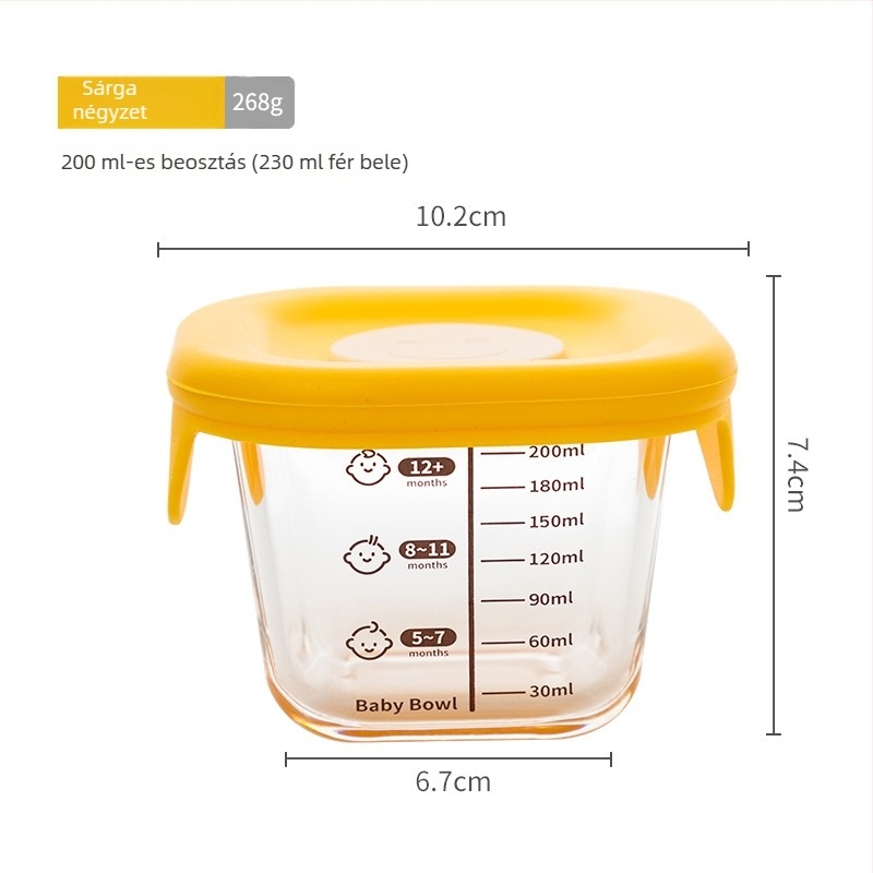 Nagy 200 ml-es boroszilikát üveg gyerekeknek való ételtároló tál szilikon fedővel, zárható, mikrohullámú sütőben használható