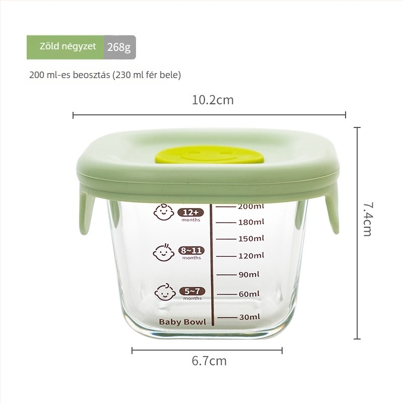 Nagy 200 ml-es boroszilikát üveg gyerekeknek való ételtároló tál szilikon fedővel, zárható, mikrohullámú sütőben használható