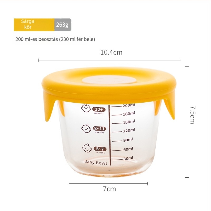 Nagy 200 ml-es boroszilikát üveg gyerekeknek való ételtároló tál szilikon fedővel, zárható, mikrohullámú sütőben használható