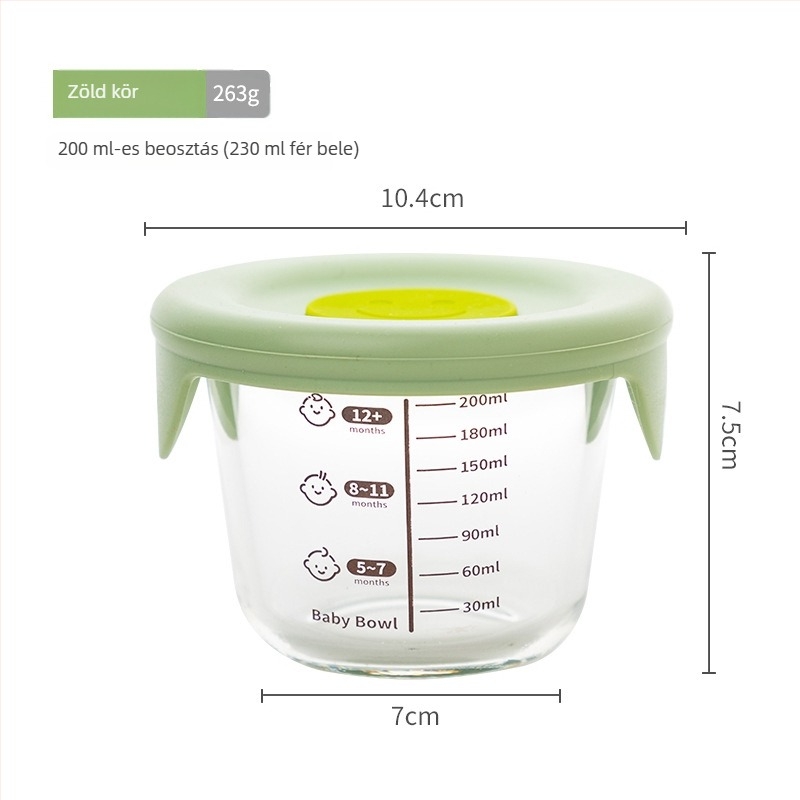 Nagy 200 ml-es boroszilikát üveg gyerekeknek való ételtároló tál szilikon fedővel, zárható, mikrohullámú sütőben használható