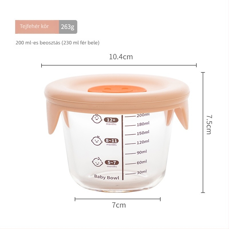 Nagy 200 ml-es boroszilikát üveg gyerekeknek való ételtároló tál szilikon fedővel, zárható, mikrohullámú sütőben használható