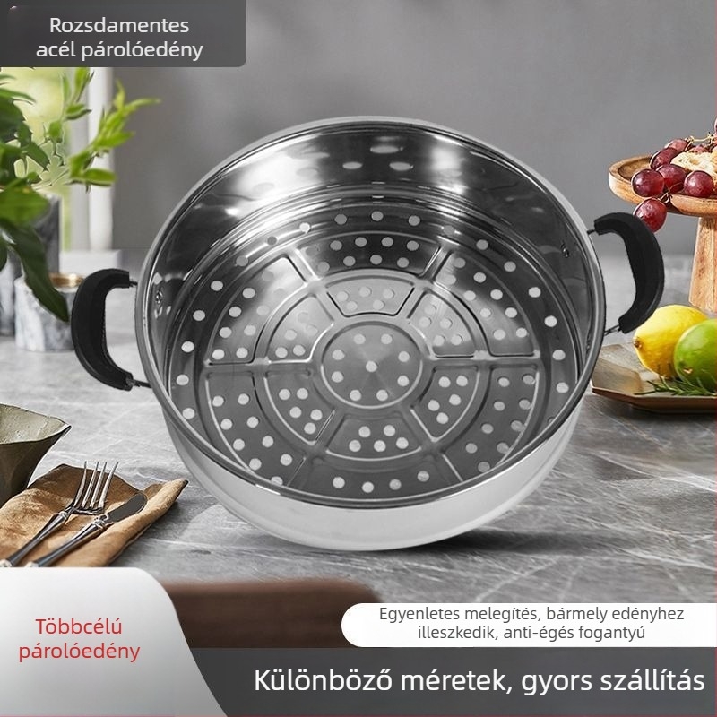 Erősített rozsdamentes acél párolókosár, nagy kapacitású, pároló rost és tálca, többfunkciós edénybetét, 28–40 cm