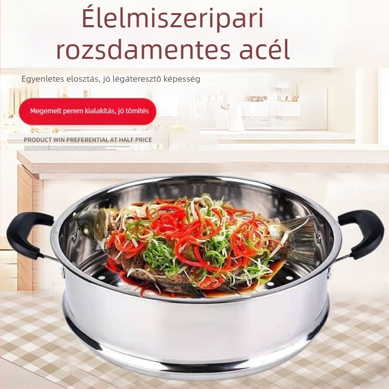 Erősített rozsdamentes acél párolókosár, nagy kapacitású, pároló rost és tálca, többfunkciós edénybetét, 28–40 cm