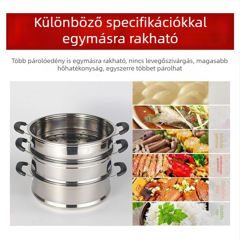 Erősített rozsdamentes acél párolókosár, nagy kapacitású, pároló rost és tálca, többfunkciós edénybetét, 28–40 cm