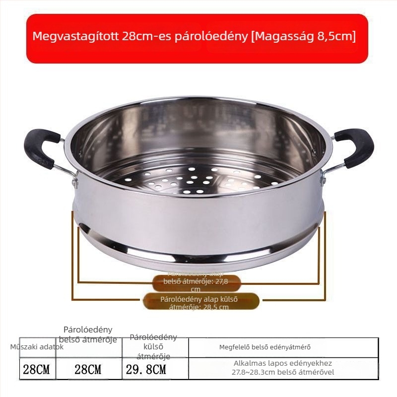 Erősített rozsdamentes acél párolókosár, nagy kapacitású, pároló rost és tálca, többfunkciós edénybetét, 28–40 cm