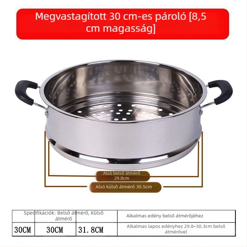 Erősített rozsdamentes acél párolókosár, nagy kapacitású, pároló rost és tálca, többfunkciós edénybetét, 28–40 cm
