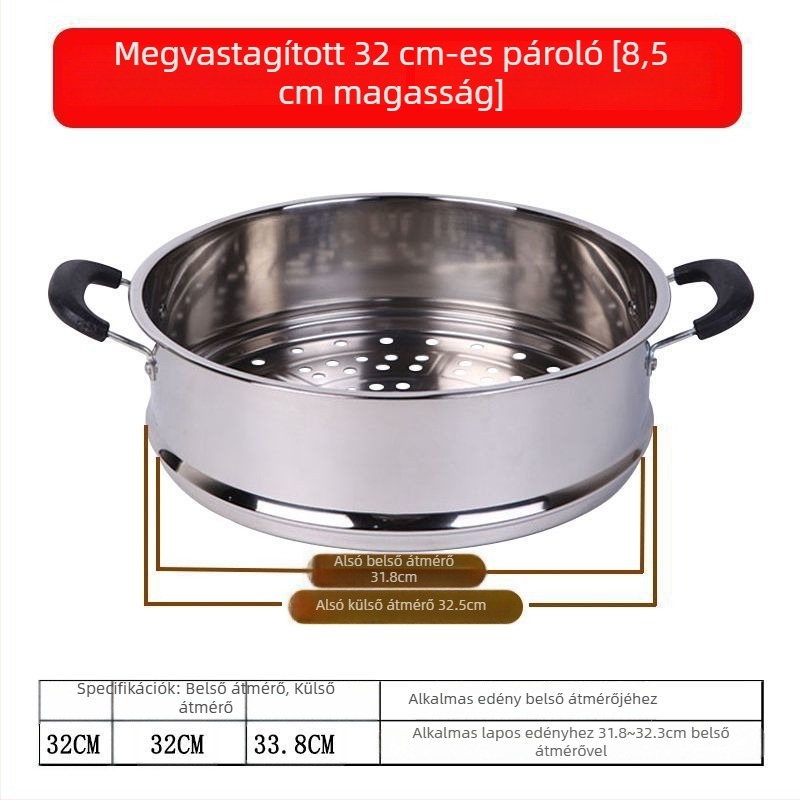 Erősített rozsdamentes acél párolókosár, nagy kapacitású, pároló rost és tálca, többfunkciós edénybetét, 28–40 cm
