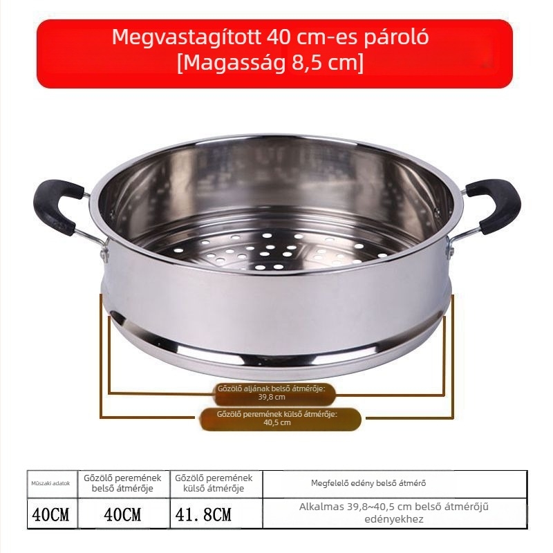Erősített rozsdamentes acél párolókosár, nagy kapacitású, pároló rost és tálca, többfunkciós edénybetét, 28–40 cm