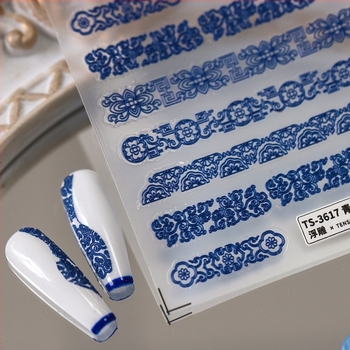 3D mintázatú körömdíszítő matricák matt átlátszó hátoldallal TS-3617 kék-fehér antik motívum
