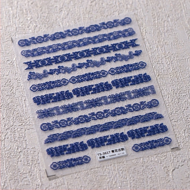 3D mintázatú körömdíszítő matricák matt átlátszó hátoldallal TS-3617 kék-fehér antik motívum