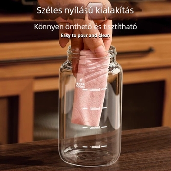 Mini üvegpohár mérőskálával, hordozható fedéllel, alkalmas tejnek, szójatejnek vagy kávéhoz