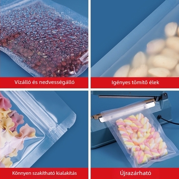 Matt felületű élelmiszer-biztonságú önzáró mini zacskó, vastagított kivitelben, snackek és virágtea porciózásához, átlátszó