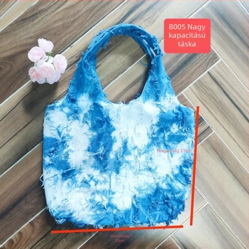 Tie-dye etnikus stílusú nagy kapacitású tote táska nőknek, fehér-kék bojtokkal a vállon, divatos és sokoldalú