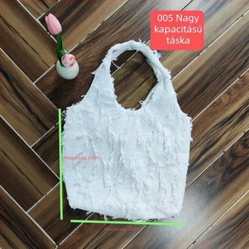 Tie-dye etnikus stílusú nagy kapacitású tote táska nőknek, fehér-kék bojtokkal a vállon, divatos és sokoldalú